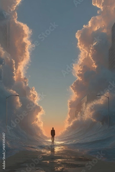 Fototapeta Embracing the Horizon: A solitary figure stands before a majestic sunset sky and clouds, gazing at a vibrant, ethereal horizon. This photo illustrates a moment of solitude, wonder.