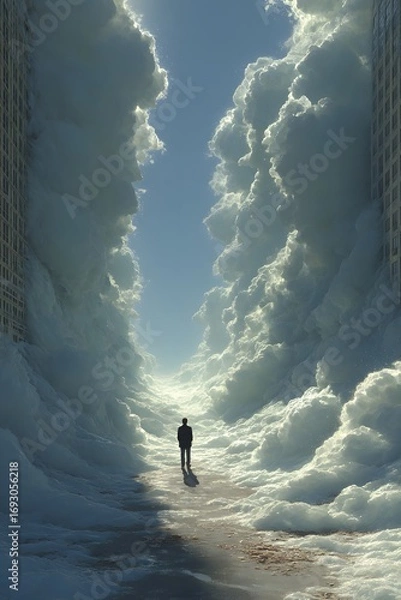 Fototapeta Man's solitary journey: A lone individual embarks on a surreal, contemplative walk, enveloped by an ethereal sea of clouds.