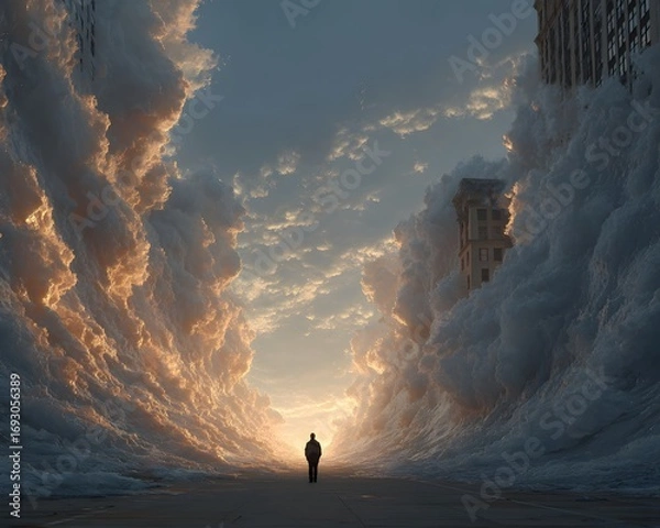 Fototapeta Solitary Figure in a Sea of Clouds: A lone individual navigates a surreal, dreamlike landscape, walking towards a distant, ethereal light through towering walls of clouds.