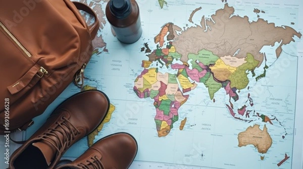 Fototapeta Top-down flatlay featuring essential winter trip items: unfolded map, backpack, winter boots, and a thermos in clean minimalist style.

