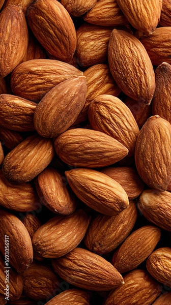 Fototapeta Top-down view of a dense pile of whole raw almonds with textured brown skins nuts food