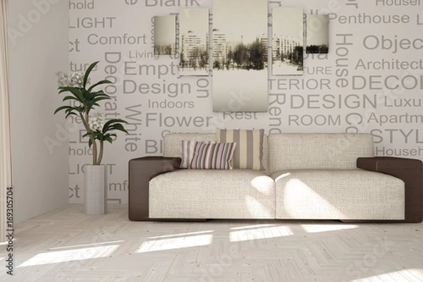 Fototapeta Idea of white minimalist room with sofa. Scandinavian interior design. 3D illustration
