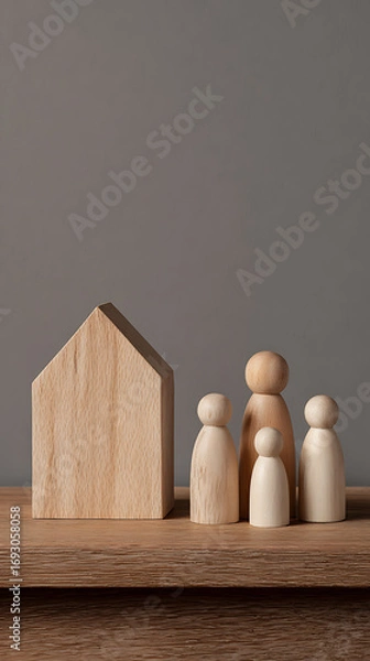 Fototapeta Wooden house and peg doll family figures arranged on a wooden surface with grey background home