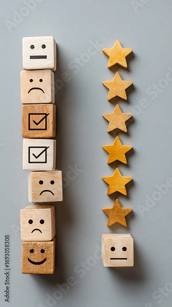 Fototapeta Wooden cubes with facial expressions and checkmarks next to wooden stars on gray background feedback