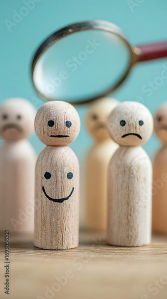 Fototapeta Wooden peg figures with painted faces one happy one sad under magnifying glass wooden figures peg people