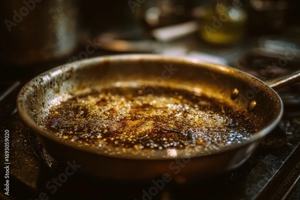 Fototapeta Fried Meal Residue: Used Oil in a Frying Pan on the Stove in a Busy Kitchen Setting