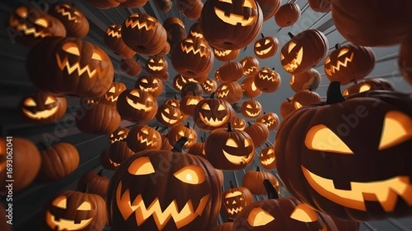 Fototapeta A spooky and festive halloween scene filled with many glowing jack o lanterns illuminated from within