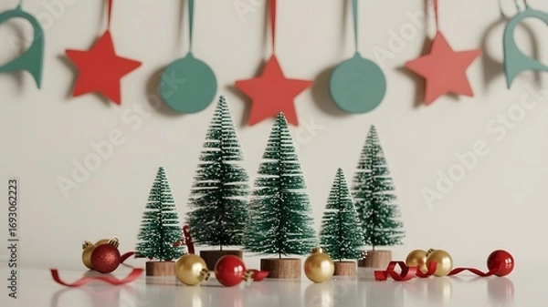 Fototapeta Festive christmas scene with miniature pine trees hanging star and round ornaments and decorative ribbon and baubles