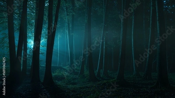 Fototapeta Mysterious glowing light emanates from deep within a dark misty and atmospheric forest at night creating an eerie and enchanting scene