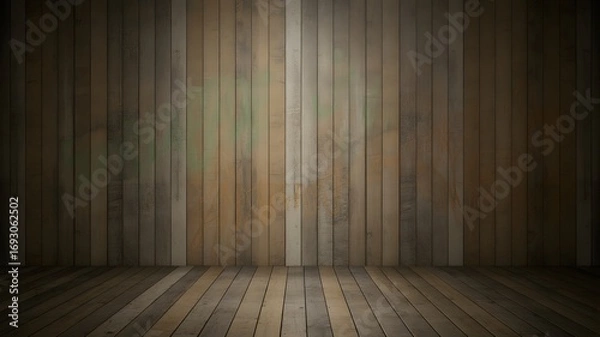Fototapeta Warm rustic wooden wall and floor background with a spotlight effect creating depth and texture