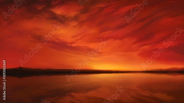 Fototapeta Fiery sunset over a calm lake with dramatic clouds reflecting in the water below