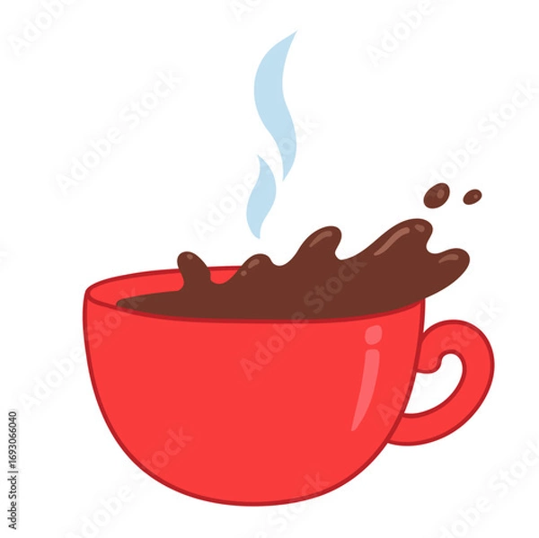 Fototapeta Vector illustration of coffee splashing in a red cup with steam. Flat design, isolated.