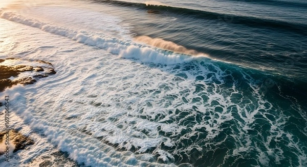 Fototapeta Ocean waves texture captured from above with foamy white crests creating abstract natural patterns