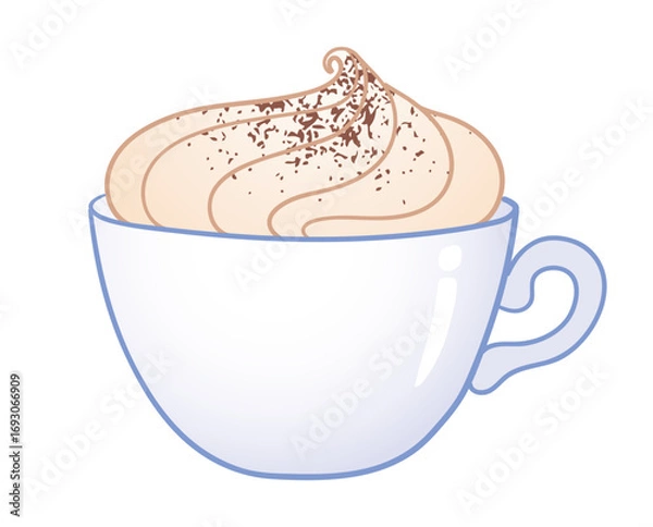 Fototapeta Vector illustration of hot drink with whipped cream and chocolate sprinkles in a white cup. Flat design, isolated 