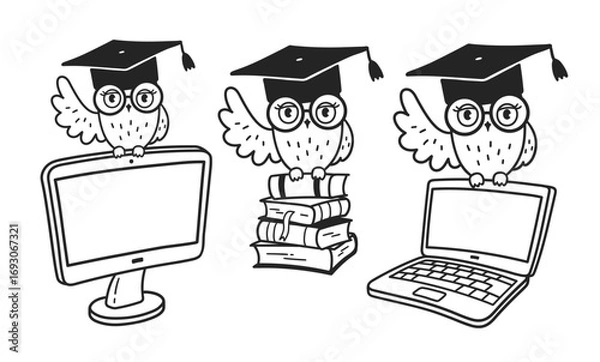 Fototapeta Vector illustration of wise owls in graduation hats with books, laptop, and monitor. Line art, isolated objects.