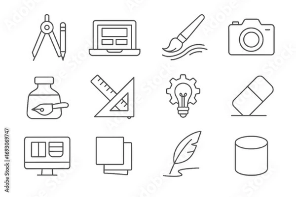 Fototapeta Design icon set. Thin line UI icons. Includes rulers, book, origami, gallery frame, editing wand and brush stroke. Modern editable vector pack for designers.