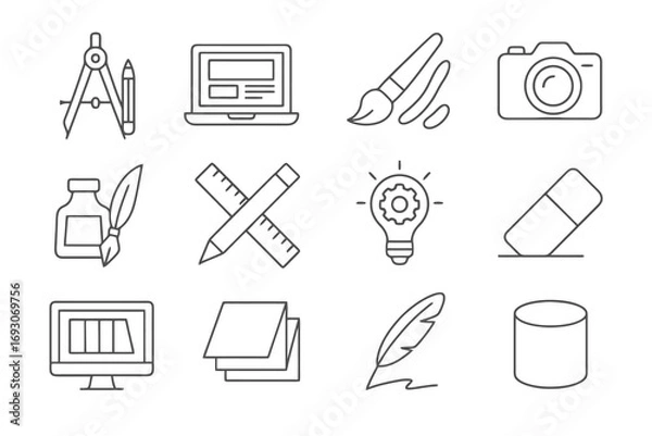 Fototapeta Design icon set. Thin UI icons. Contains such symbols as pen tablet, brush, printer, vector tool, magic wand, paint tube, clipboard. Minimalist vector stroke. Creative modern icon collection.