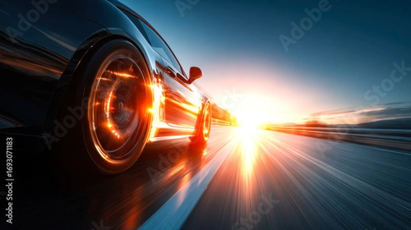 Fototapeta High-speed sports car racing on an open road at sunset