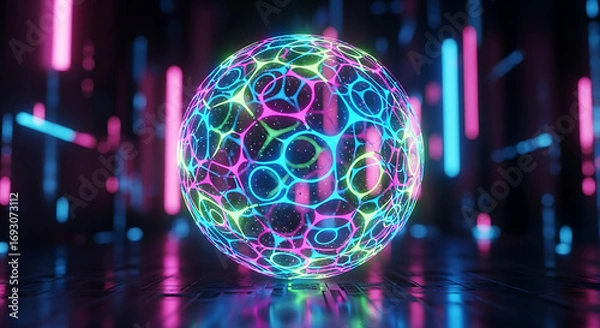 Fototapeta Glowing Neon Sphere with Abstract Pattern and Futuristic Background Visual