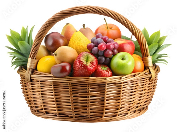 Fototapeta Basket overflowing with fresh colorful fruits on  transparent background