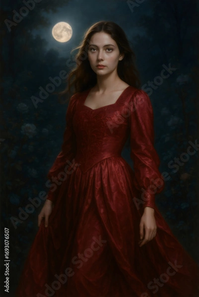 Obraz A beautiful woman in a flowing red dress under a full moon