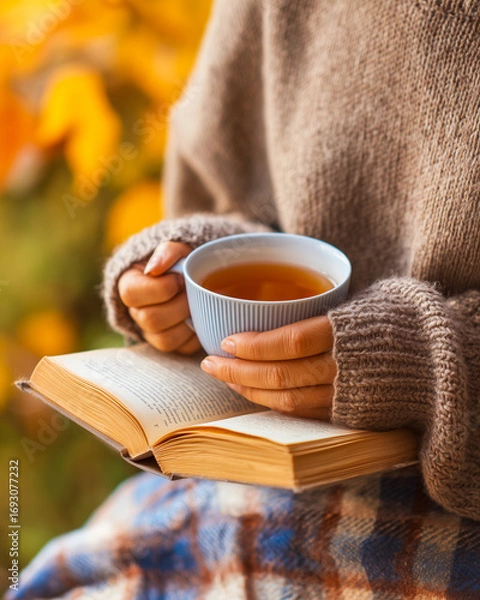 Fototapeta Close-up of hands in warm knitted sleeves holding a cup of tea and a book, cozy autumn home atmosphere with plaid in background