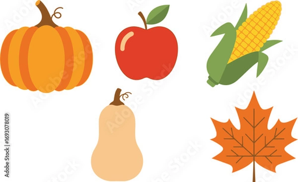 Fototapeta Autumn harvest and Thanksgiving fruits.  Pumpkin, apple, corn, pear and maple autumn leaf editable vector illustration icons 