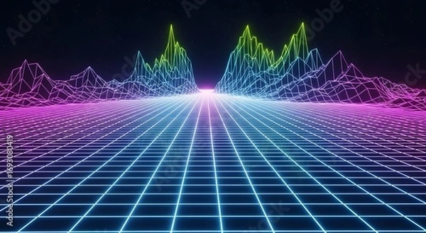 Fototapeta Futuristic neon grid landscape with glowing horizon and abstract digital mountains in dark minimal background