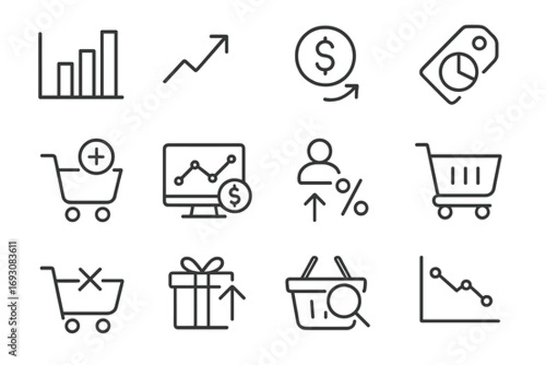 Fototapeta Shopping Analytics Icons. Line style icons of shopping analytics: bar chart, trend arrow, average spend icon, product stats; sales