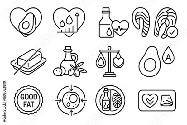Fototapeta Cholesterol-Friendly Fat Icons. Line style icons of cholesterol-friendly fats: heart icon with avocado, healthy fats chart, oil
