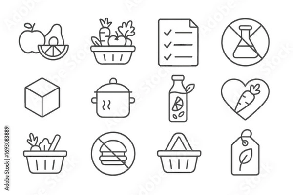 Fototapeta Clean Eating Icons. Line style icons of clean eating: whole foods, fruits and vegetables basket, ingredient list, no additives