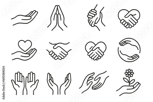 Obraz Supportive Hand Icons. Line style icons of support hands: open palm, two hands together, hand lifting another, helping hand; hand