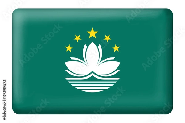 Fototapeta Macau flag with square button shape on transparent background, PNG. Country or national flag. Flag, travel, national, Macau, icon, symbol, 3D, design. Green 