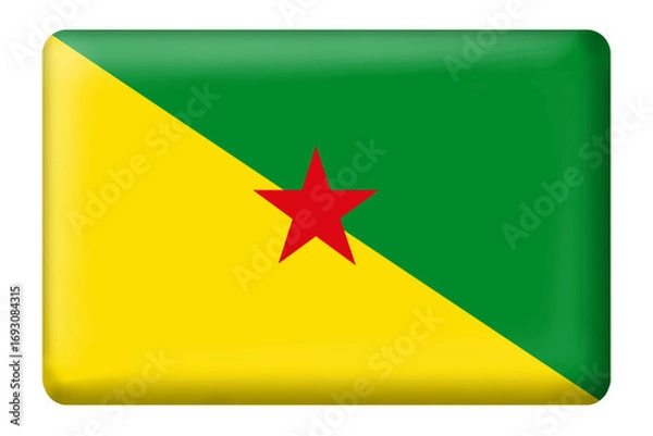 Fototapeta French Guiana flag with square button shape on transparent background, PNG. Flag. Country flag. National flag. Three-dimensional. Green, yellow color