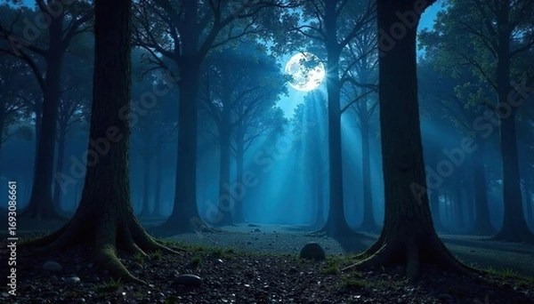 Fototapeta Enthralling view of a moonlit forest at night, shadows stretching long and dark between ancient trees, creating an atmosphere of mystery and tranquility , fog, forest floor