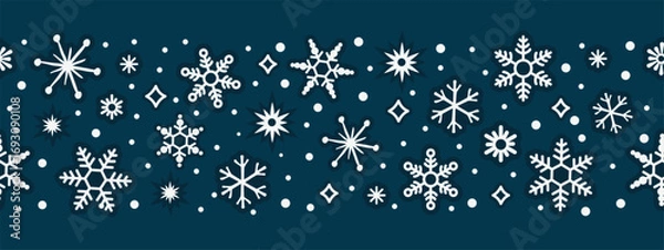 Fototapeta Christmas seamless border with snowflakes and snowfall. Geometric round shapes white colors on blue background. Festive horizontal banner with decorative objects. Vector design for winter  holidays.