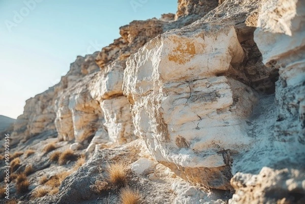Fototapeta Arid landscape showcasing weathered, light-colored rock formations under a clear sky.