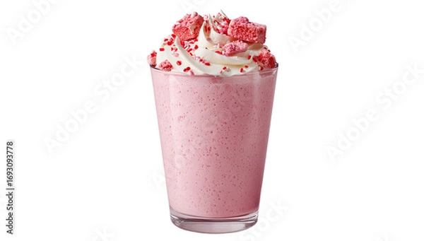 Fototapeta Pink milkshake topped with whipped cream and small, red-and-white treats
