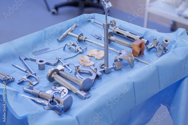 Fototapeta Knee arthroplasty instruments and prosthesis components on a sterile surgical table