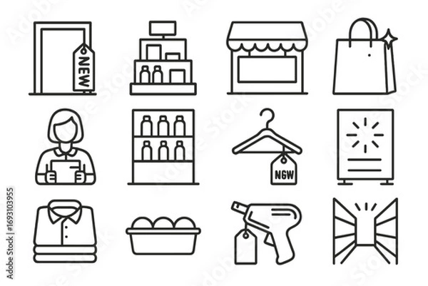 Fototapeta New Arrivals Icons. Line style icons of new arrivals in store: entry door with “new” tag, display shelf with sign, storefront