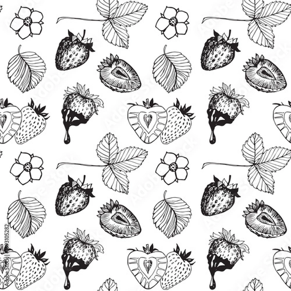 Fototapeta Seamless hand-drawn strawberry pattern in black and white