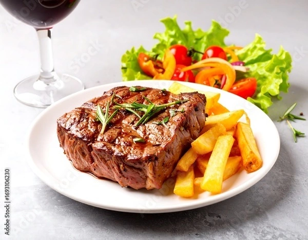 Fototapeta Grilled steak with french fries and salad