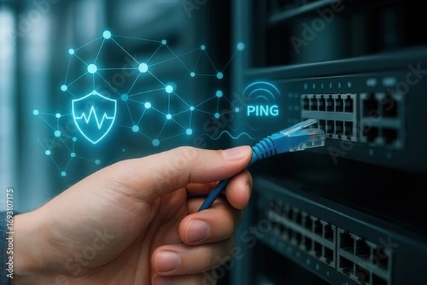 Fototapeta Network connectivity with the hand holding a blue network cable connected to the server rack, a concept that emphasizes security and network management.