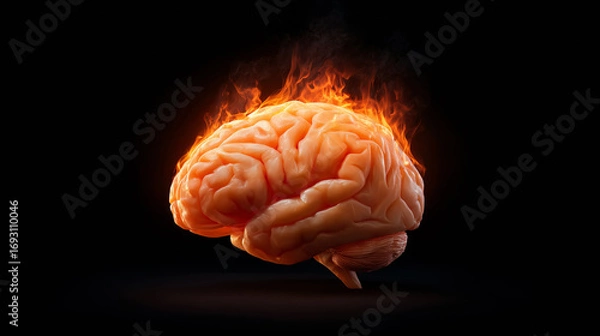 Fototapeta A vividly depicted human brain is engulfed in flames, representing heightened creativity and mental intensity. The dark background enhances the dramatic effect of the fiery brain