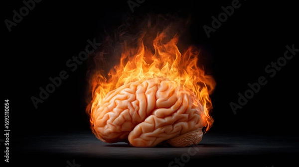 Fototapeta A human brain is covered in bright flames, symbolizing the fierce power of thought and creativity. The dark background enhances the striking contrast of fire and the brain's details