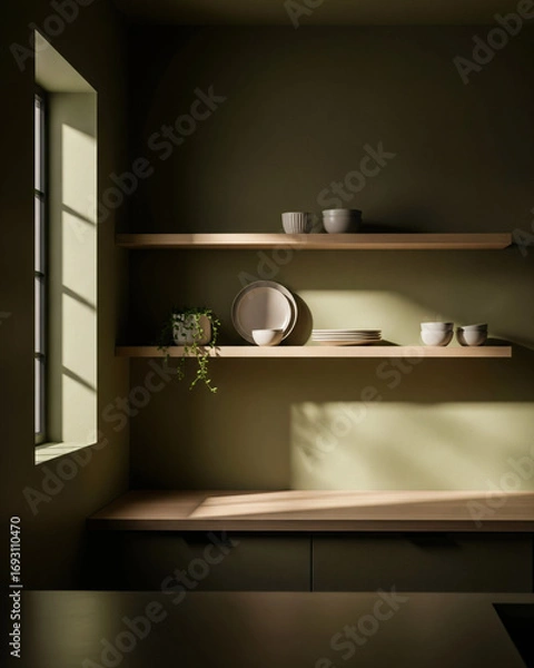 Obraz Olive Green Minimalist Kitchen with Wooden Shelves and Warm Subtle Shadows
