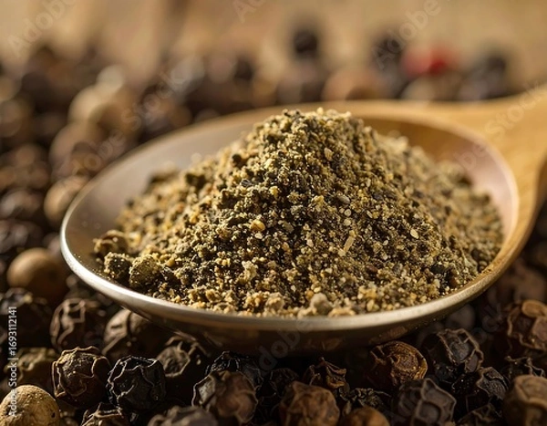 Fototapeta Ground pepper in a spoon surrounded by peppercorns