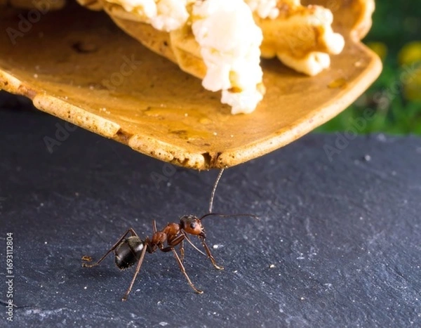 Obraz Ant on a dark surface, with popcorn and waffle cone