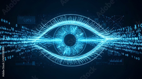 Obraz Blue Neon Digital Eye with Binary Code Streams data stream