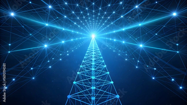 Fototapeta Blue network grid with radiant light beams technology